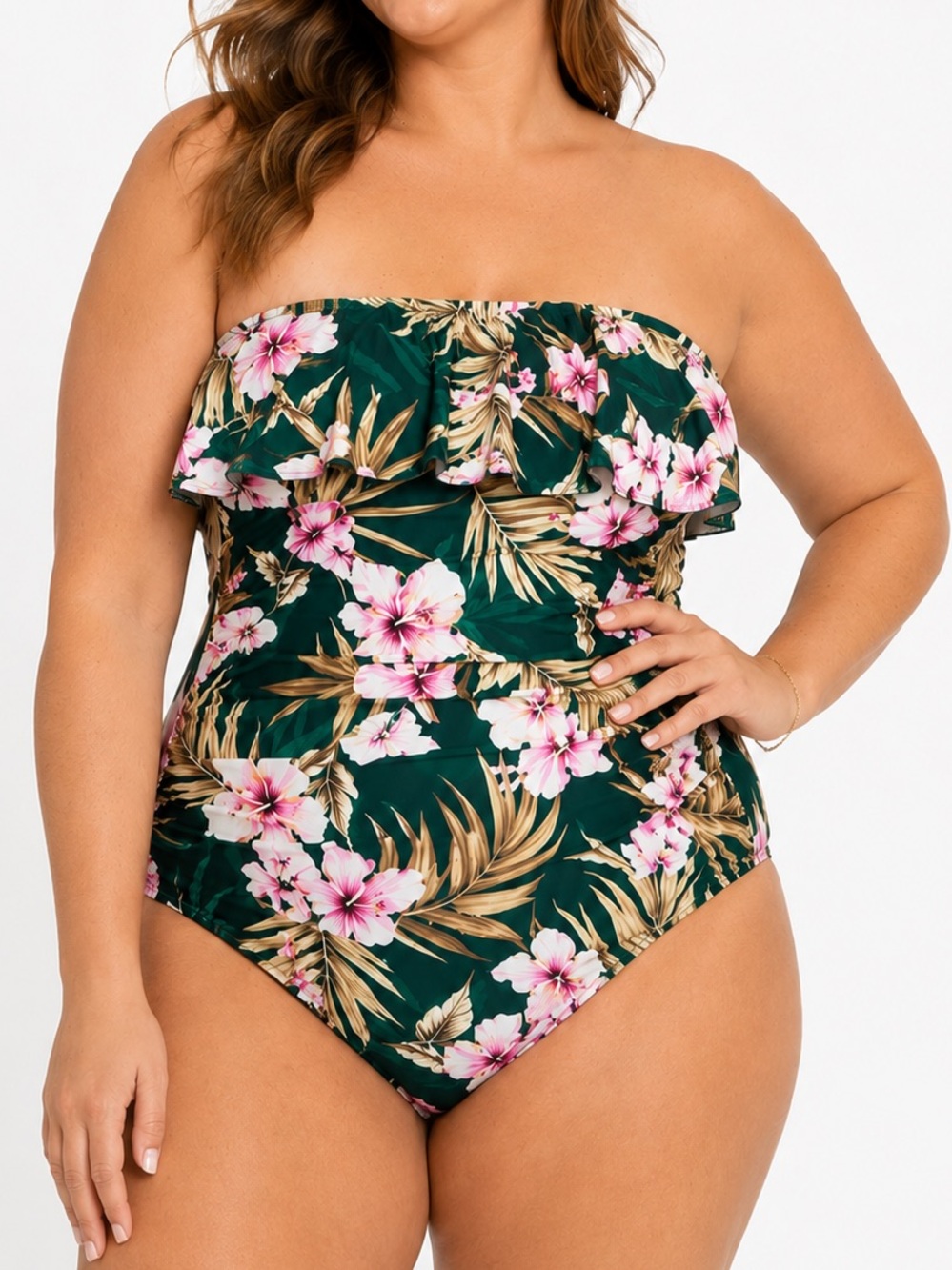 Kona Sol One Piece Swimsuit 20W Green Floral Ruffle Bandeau Tummy Control NWOT